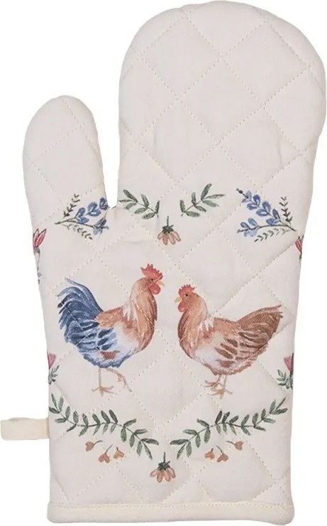 Mănușă de cuptor din bumbac, cu motiv găină și cocoș, culori bej și albastru, stil country, 30x18 cm, „Coq en Pâte"