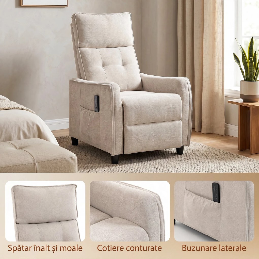 HOMCOM Fotoliu Masaj Reclinabil Manual din Material Textil Tip In cu Telecomandă, Crem | Aosom Romania
