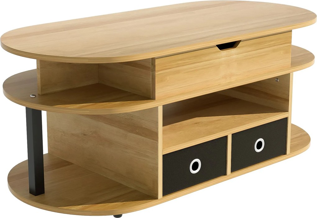 Masă de cafea cu mecanism de ridicare, spațiu de depozitare și sertare textile negre, 105x50x45 cm, Culoare naturală