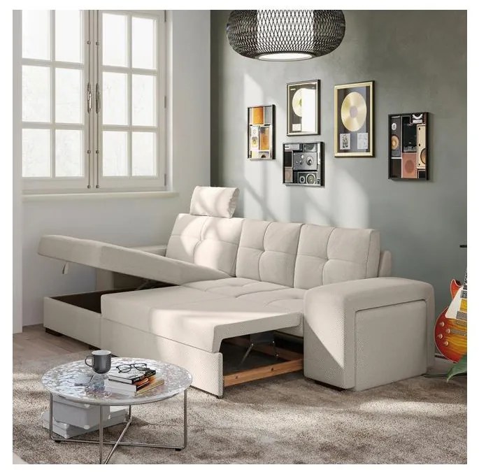 Canapea extensibilă PALERMO, gri deschis, cu spațiu de depozitare și taburet, stânga