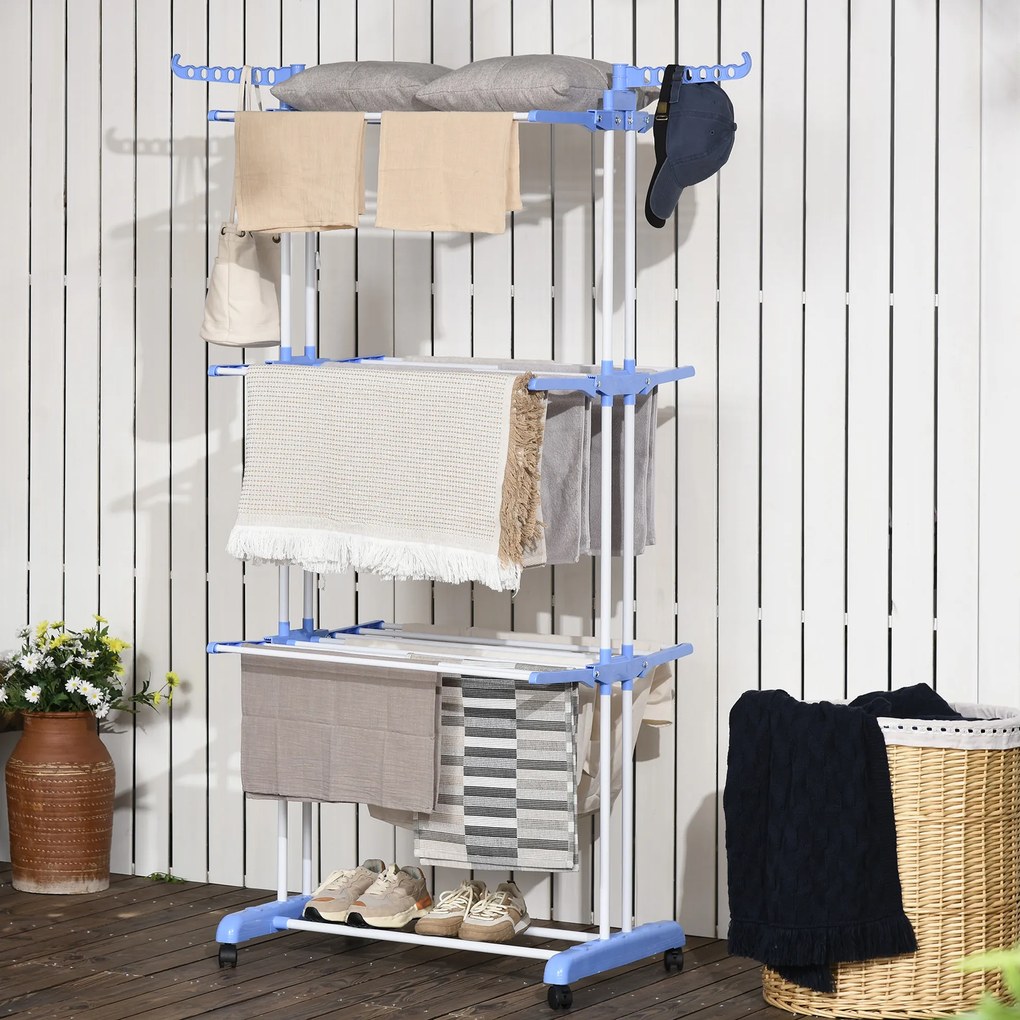 Uscator de rufe extensibil HOMCOM pe 4 niveluri cu 4 roti, din otel si pp, 73x64x177 cm, Albastru si Argintiu | Aosom Romania