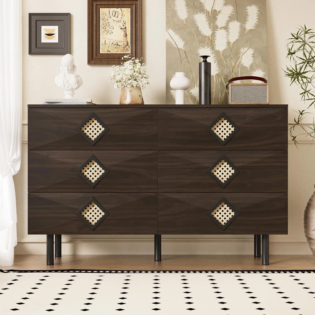 Masă de machiaj cu 6 sertare, mânere din ratan, spațiu mare de depozitare, pentru dormitor și living, 120x40x74,5 cm, Culoare naturală