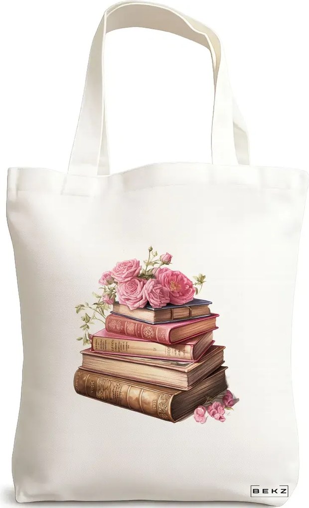 Sacosa de Panza pentru Cumparaturi, Geanta Tote, model Books and flowers 5 38 x 34.5 cm, Alba, BEKZ®