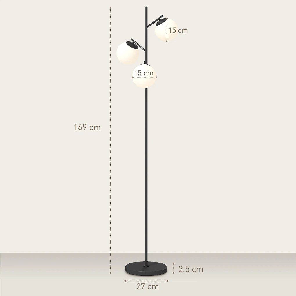HOMCOM Lampadar de podea în metal cu 3 abajururi globe din sticlă mată albă 40W Ø 27 x 169 cm negru | Aosom Romania