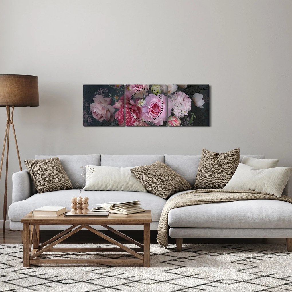 Tablou - Flori de grădină (cu ceas) (90x30 cm)
