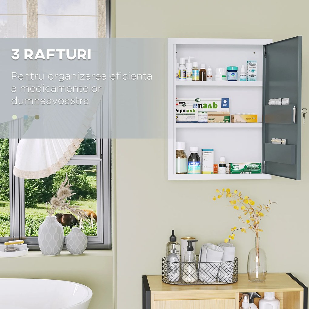 Kleankin Dulap Medicamente pentru Montare pe Perete, cu 3 Nivele, Ideal pentru Baie și Bucătărie, Design Compact și Funcțional | Aosom Romania
