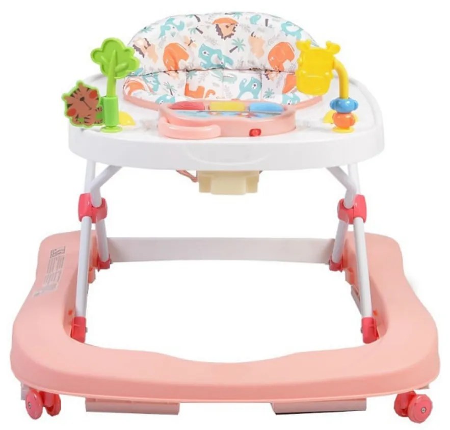 Premergator Premium reglabil in 3 trepte de inaltime NOVOKIDS™ ZooZoo Baby ,Roti silentioase din silicon, Cu melodii, Animalute, Pliabil, Roz