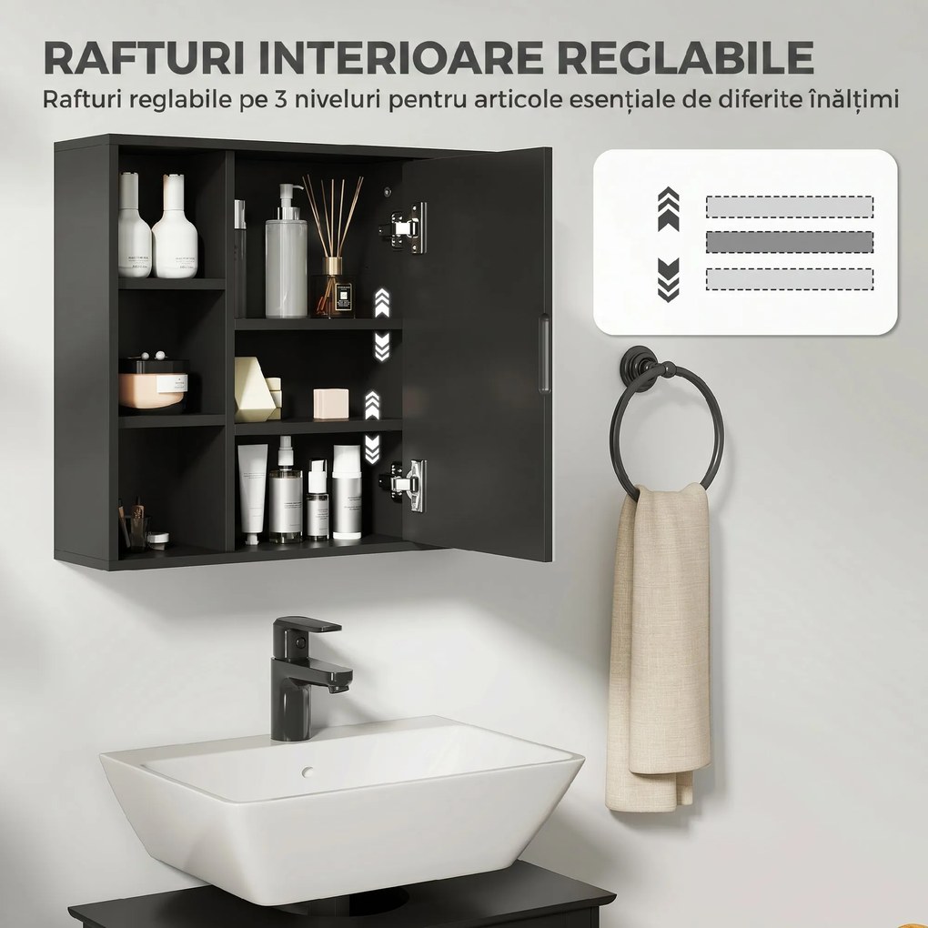 HOMCOM Dulap cu Oglindă pentru Baie, 3 Rafturi Laterale, Raft Reglabil, MDF și PAL, 60x14,5x49,4 cm, Negru și Lemn Natur | Aosom Romania