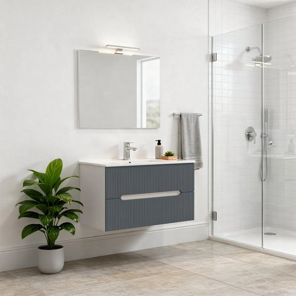 Trent Mobilier de baie 80 cm lavoar ceramic (2 sertare) cu oglindă 60x80 cm alb-antracite gri