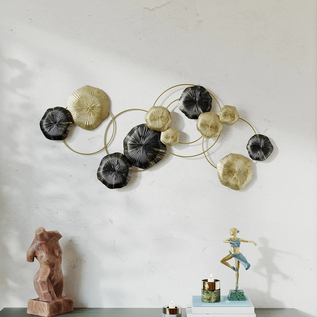 HOMCOM Decorațiune de perete din metal în formă de frunză de lotus, design unic cu discuri multiple, 84 x 35 cm, auriu și negru | Aosom Romania