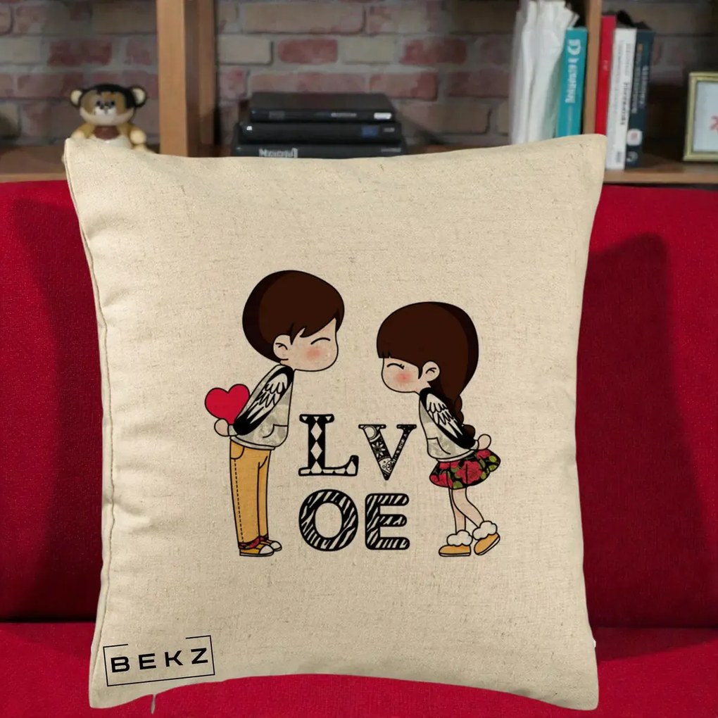 Cadou Romantic - Perna Personalizata Cuplu Kawaii LOVE, 40x40 cm, Bej, Husa Detasabila, Perna Inclusa, BEKZ®