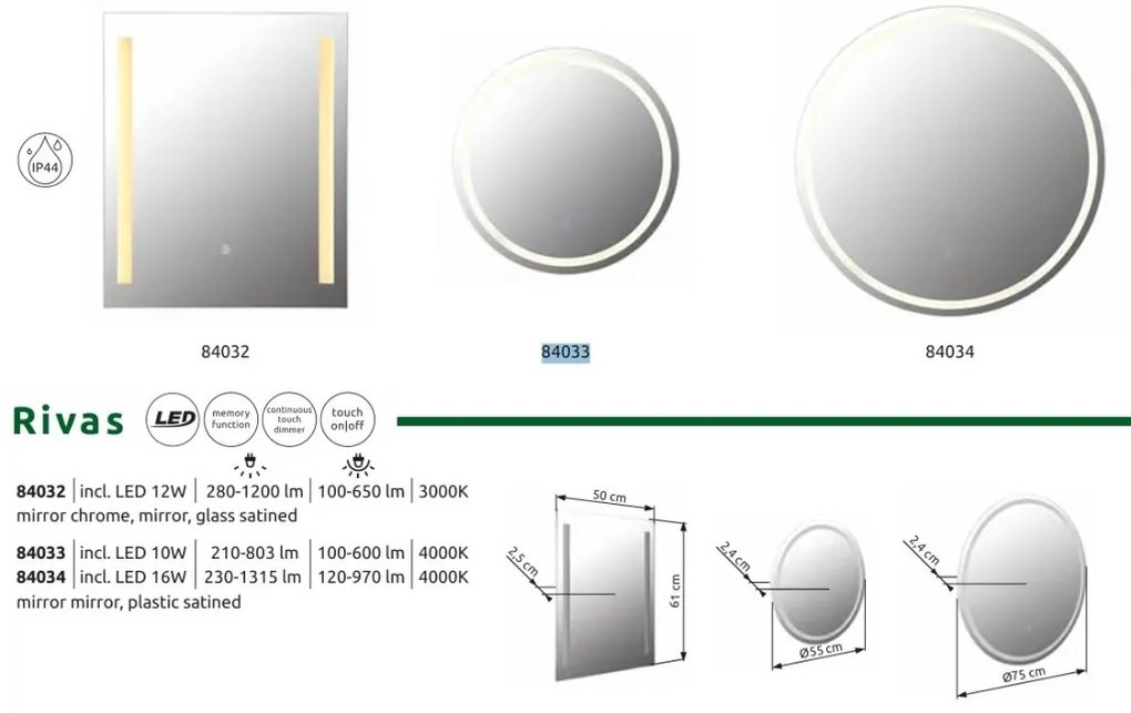 Oglinda baie cu iluminat LED IP44 4000K Rivas 55cm 84033 GL