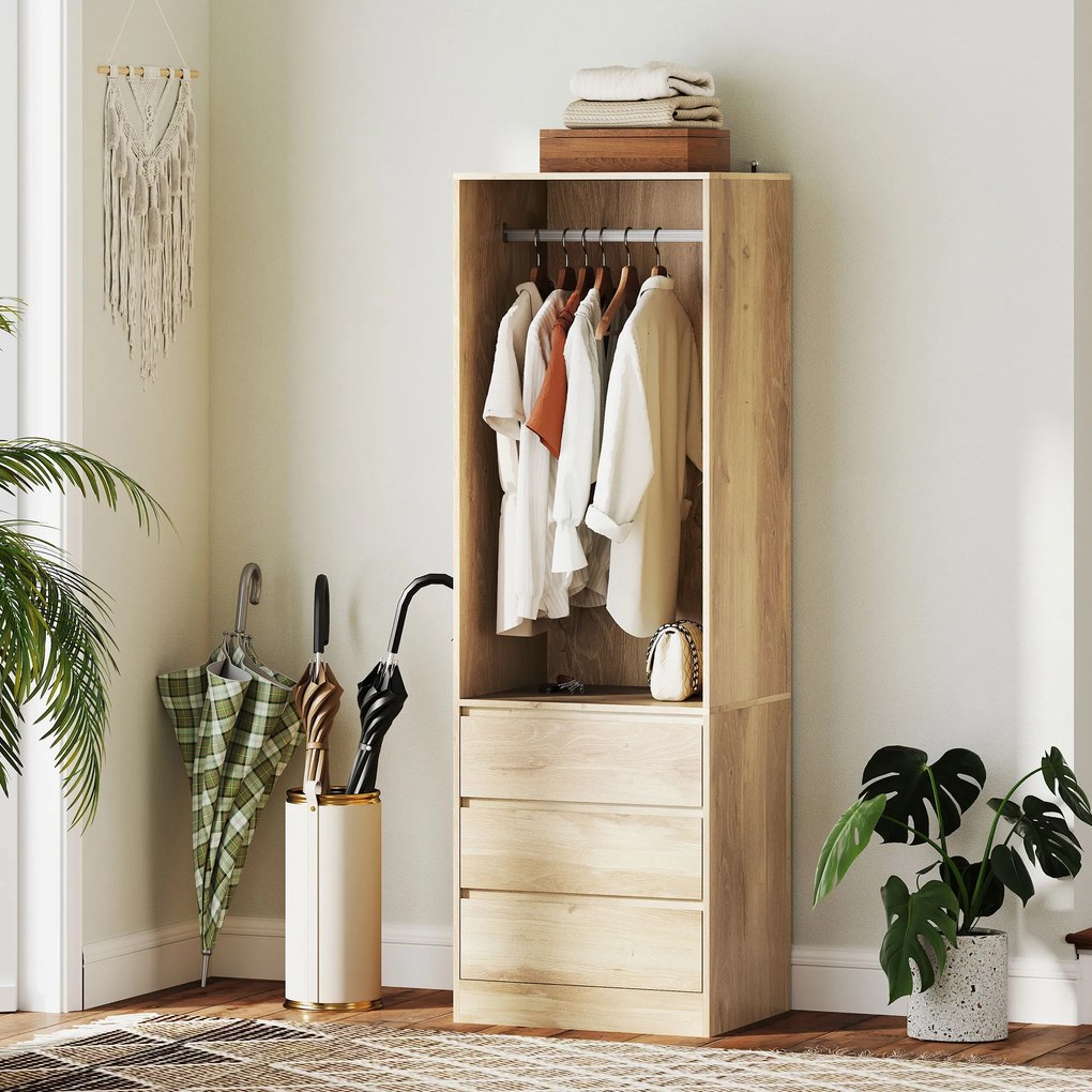 HOMCOM Dulap pentru Haine cu Bară pentru Umerașe, Raft Deschis și 3 Sertare, 60x48.5x185 cm, Maro | Aosom Romania