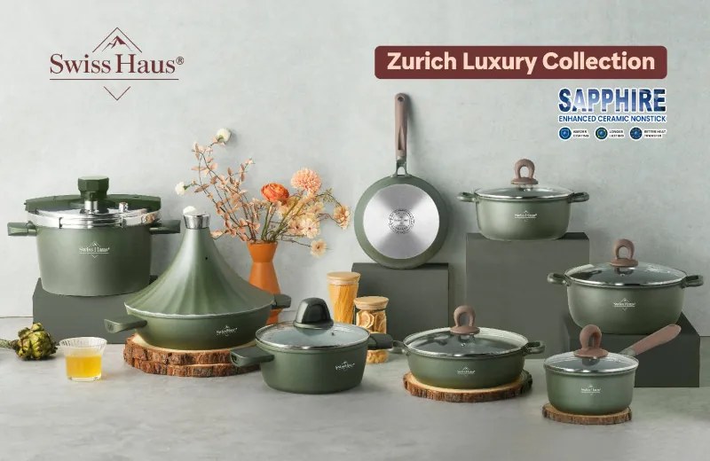 Set vase de gatit Swiss Haus SH-GPC3020G, 20 piese, Acoperire ceramica Sapphire, Fara PFAS, Cuptor pana la 220°C, Inductie, Verde