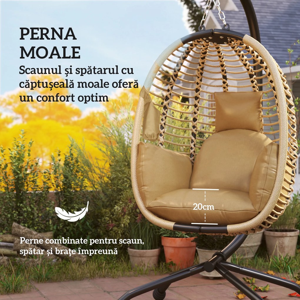 Outsunny Leagăn pentru Exterior cu Pernă Capitonată, Scaun Suspendat pentru Terasă cu Suport Metalic, Cos Pliabil, 110x100x188 cm, Gri | Aosom Romania