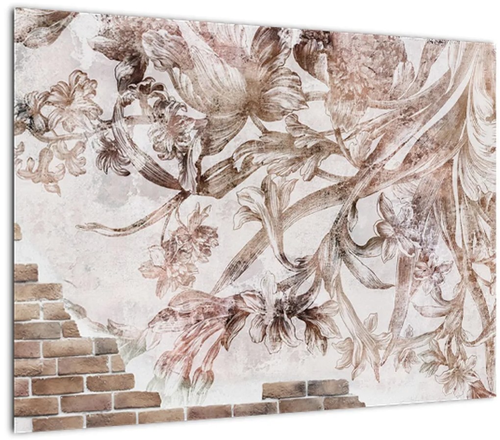 Tablou pe sticlă - Frescă florală pe un perete de cărămidă (70x50 cm)