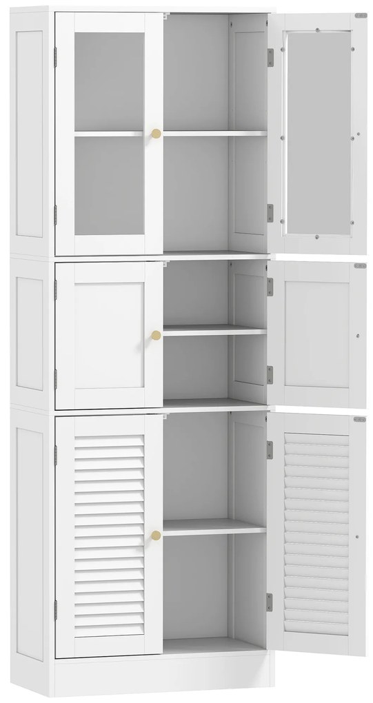 HOMCOM Dulap pentru baie cu 3 compartimente și 2 uși din sticlă și lemn, rafturi reglabile, 60x30x170 cm, alb | Aosom Romania