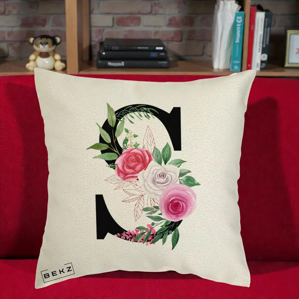 Cadou Personalizat - Perna Personalizata Monograma Florala Litera S, 40x40 cm, Ecru, Husa Detasabila, Perna Inclusa, BEKZ®