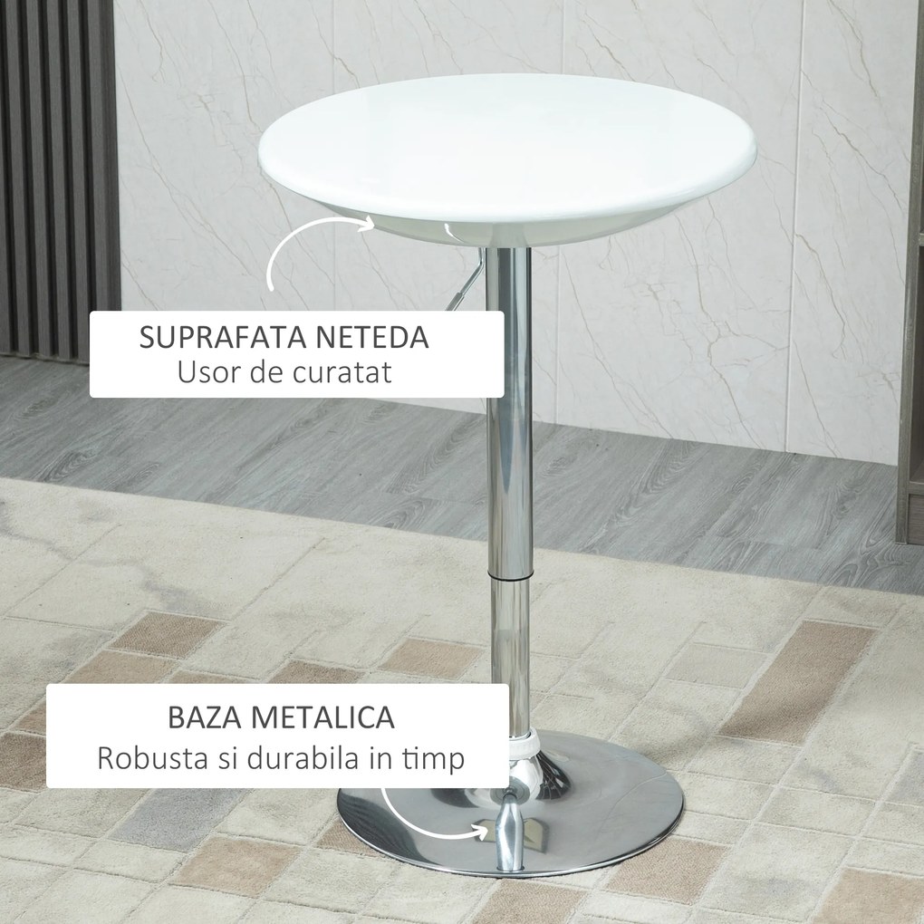 HOMCOM Masă Bar Reglabilă, Plan Rotativ, Manetă Gaz, Oțel, Φ61x76-97cm, Alb | Aosom Romania