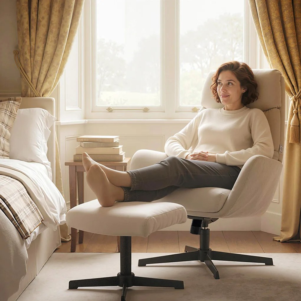 HOMCOM Fotoliu tapițat cu taburet, fotoliu lounge cu spătar înalt, bază metalică, pentru living, dormitor, Bej | Aosom Romania