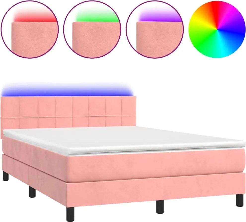 vidaXL Pat cu arcuri, cu saltea și LED, roz, 140x190 cm catifea