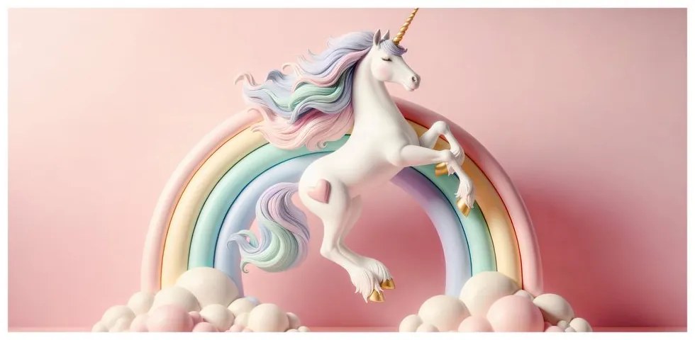 Tablou unicorn de poveste pe un curcubeu pastel