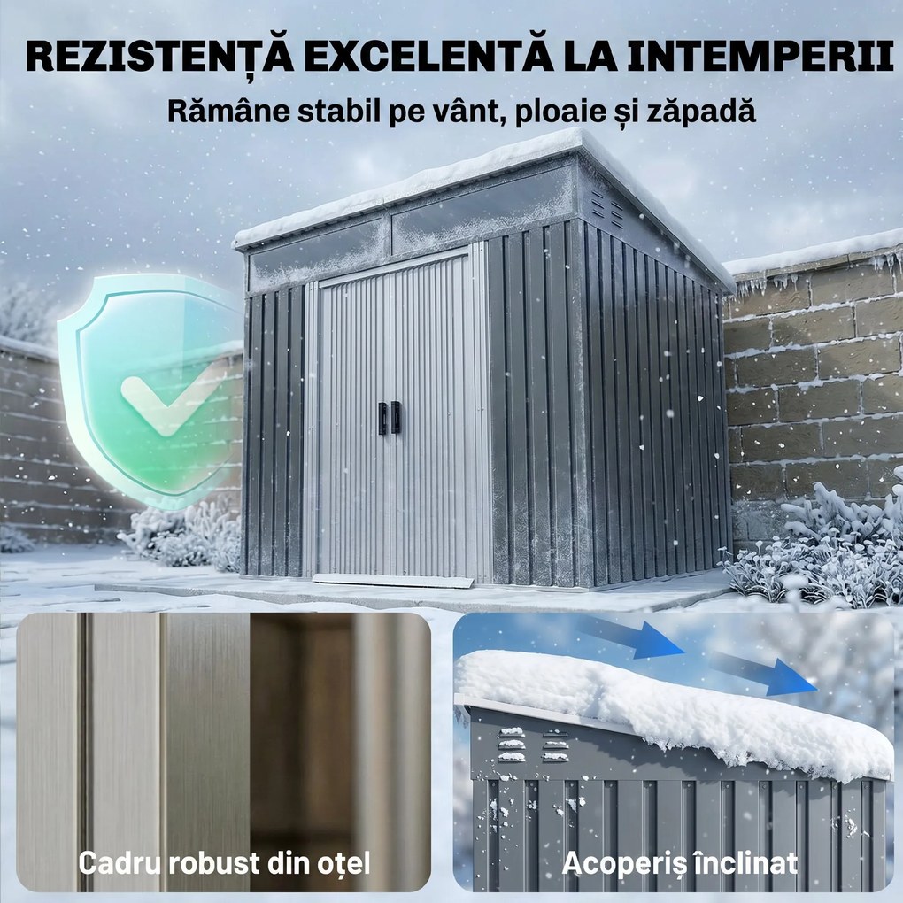 Outsunny Magazie 6,5 x 4 FT din metal galvanizat cu fundatie pentru gradina, Depozit cu incuietoare pentru unelte, Gri