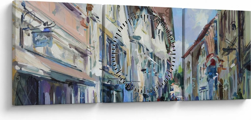 Tablou - Strada orașului vechi, pictură acrilică (cu ceas) (90x30 cm)