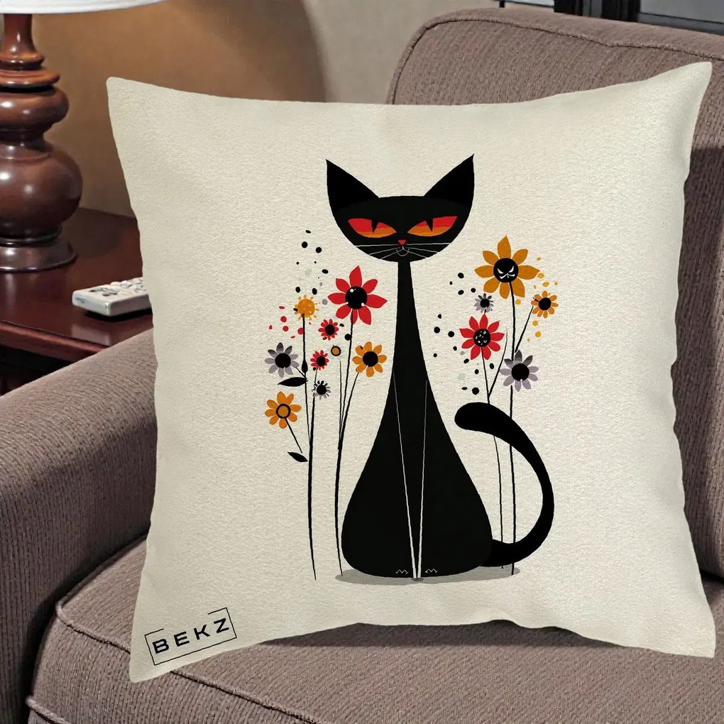Perna Decorativa Pisica Neagra Ochi Rosii Flori, 40x40 cm, Ecru, Husa Detasabila, Perna Inclusa, BEKZ®