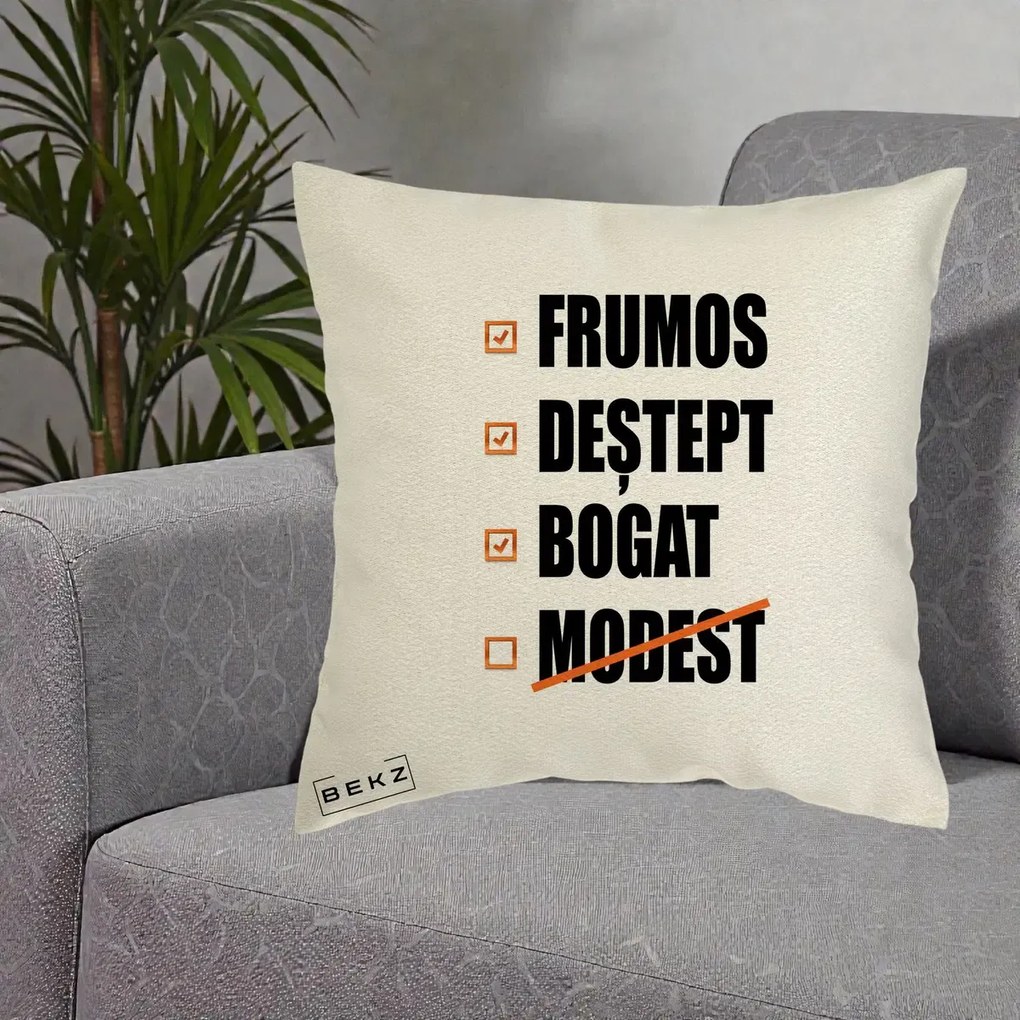 Perna Decorativa Frumos Destept Bogat, 40x40 cm, Ecru, Husa Detasabila, Perna Inclusa, BEKZ®