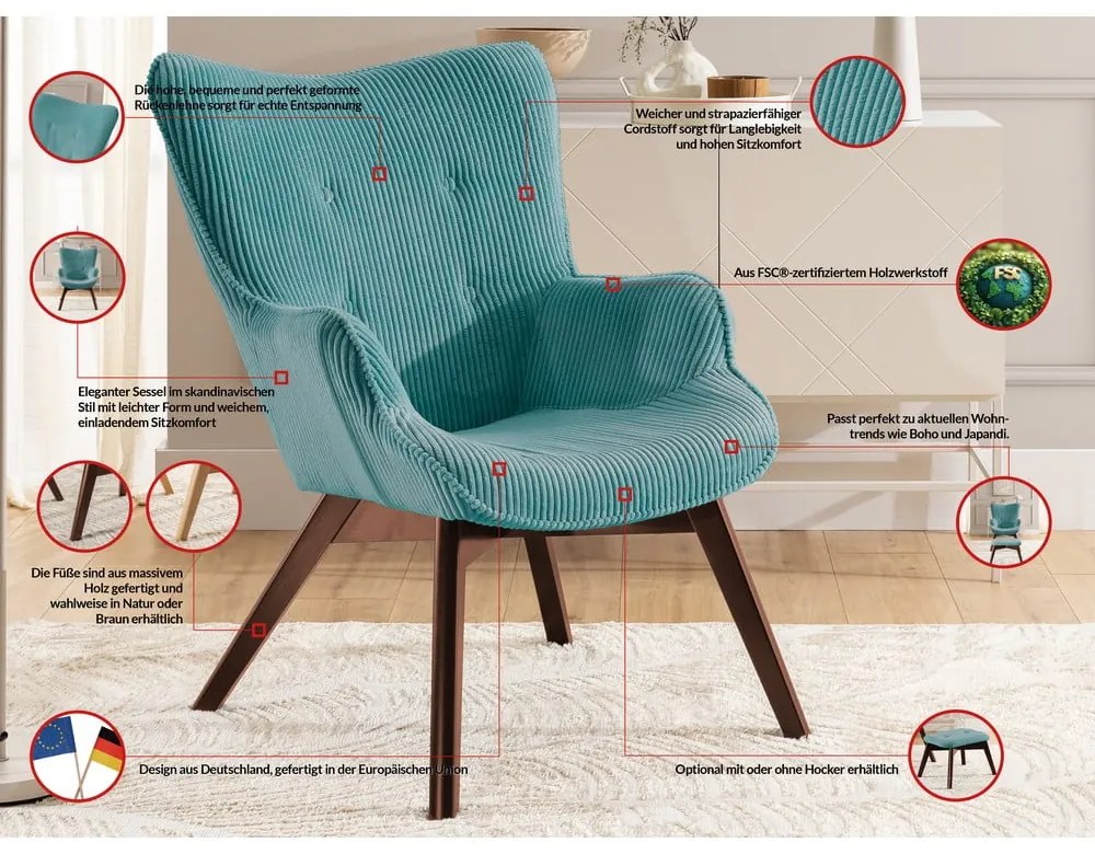 Fotoliu cu taburet turcoaz cu tapițerie din catifea reiată Niko – Ropez