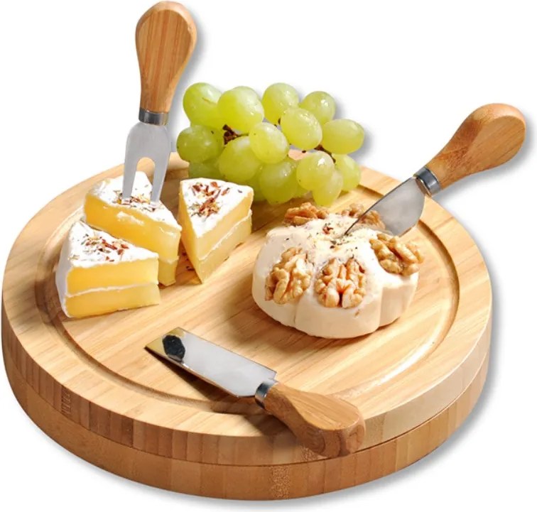 Platou pentru taierea si servirea branzeturilor cu tacamuri Kesper 58642, 23 cm, 5 piese, compartiment incorporat pentru tacamuri, bambus, natural