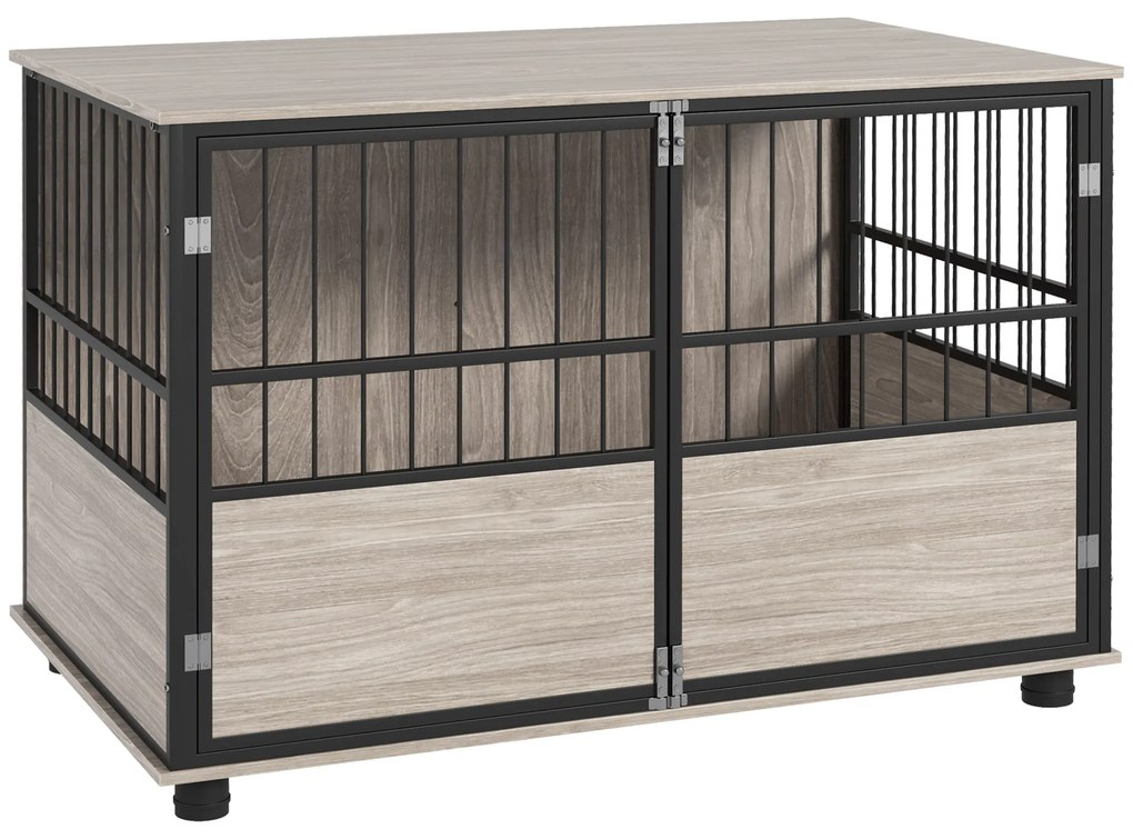 PawHut Cușcă pentru câini de interior, masă laterală, 100 x 60 x 68 cm, locuință, 3 uși blocabile, aspect de nuc negru | Aosom Romania