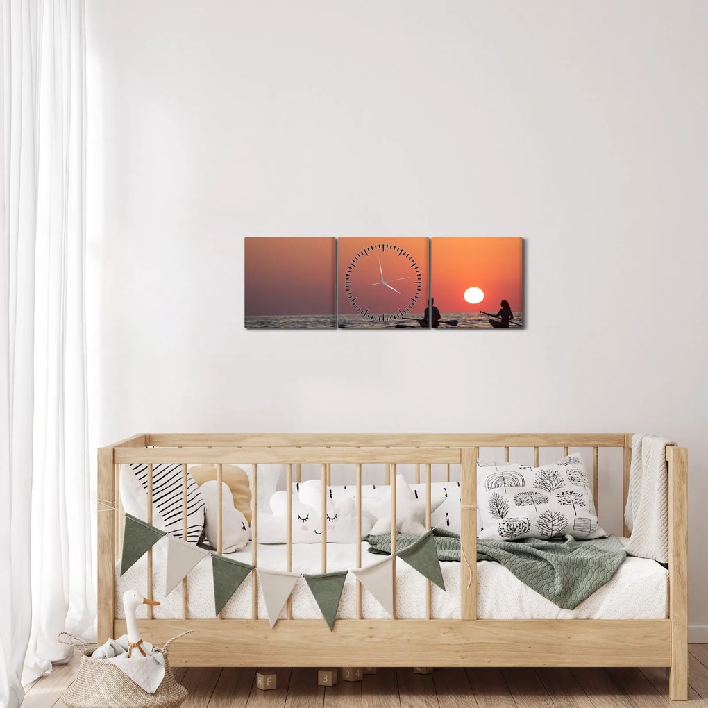 Tablou cu canoiști în apus de soare (cu ceas) (90x30 cm)