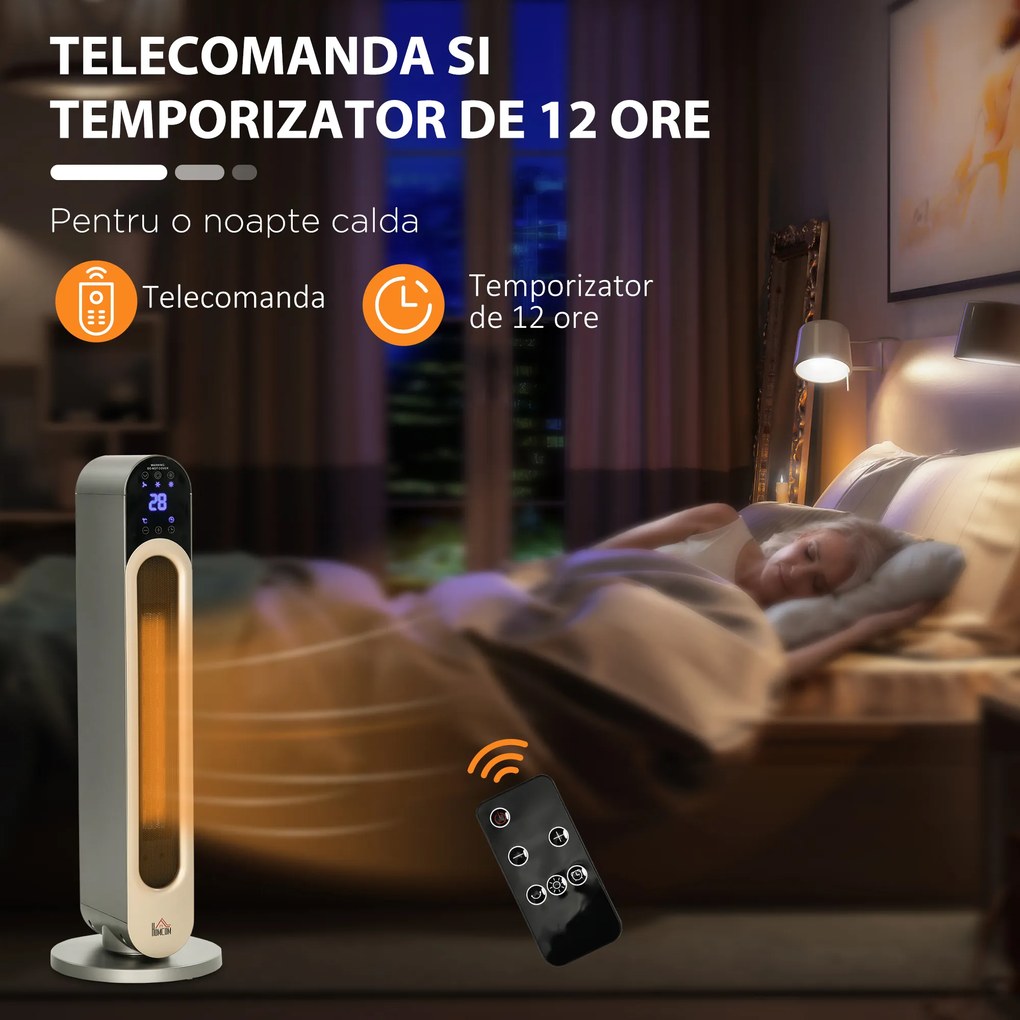 Incalzitor electric oscilant cu 3 moduri de incalzire cu temperatura reglabila si telecomanda, din ABS, Φ25x73,5 cm, argintiu HOMCOM | Aosom RO