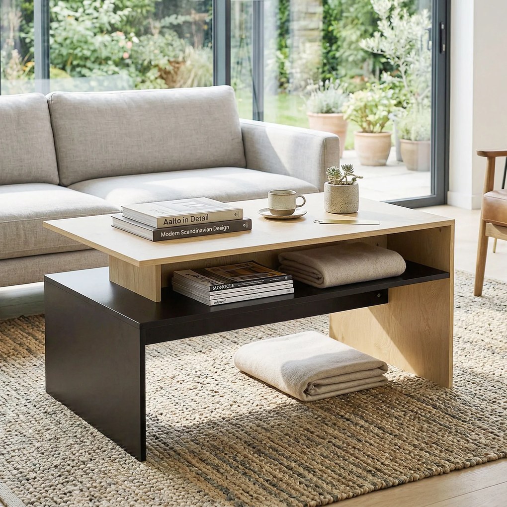 HOMCOM Masă de Cafea Modernă Bicoloră cu Niveluri Decalate și Poliță de Depozitare, 95 x 55 x 50 cm, Lemn Natural și Negru | Aosom Romania