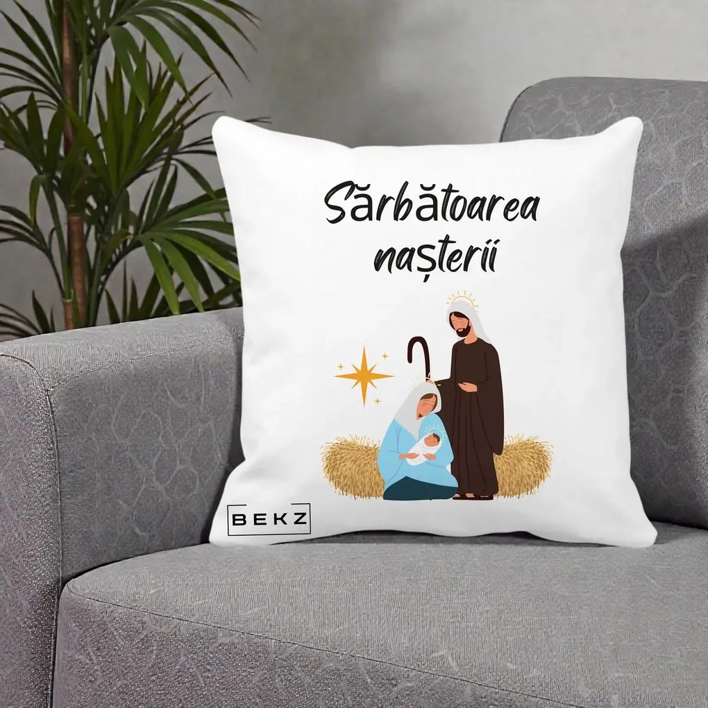 Perna Decorativa Nasterea Domnului Sfanta Familie Sarbatoarea Nasterii, 40x40 cm, Alba Mata, Husa Detasabila, Perna Inclusa, BEKZ®