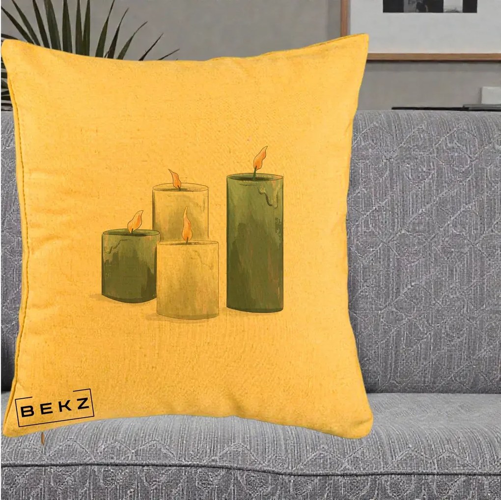 Perna Decorativa Lumanari Hygge Alb-Verde, 40x40 cm, Galben, Husa Detasabila, Perna Inclusa, BEKZ®
