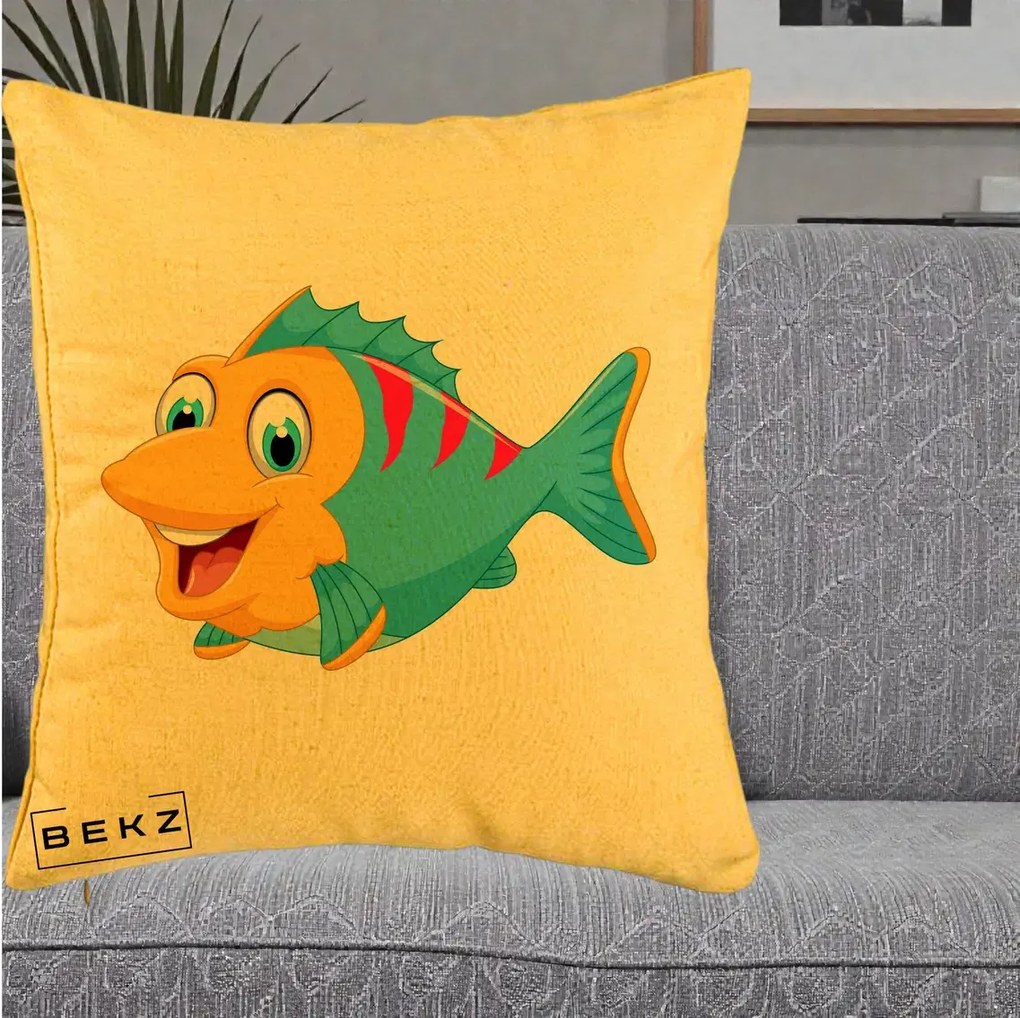Perna Decorativa Peste Vesel Cartoon, 40x40 cm, Galben, Husa Detasabila, Perna Inclusa, BEKZ®