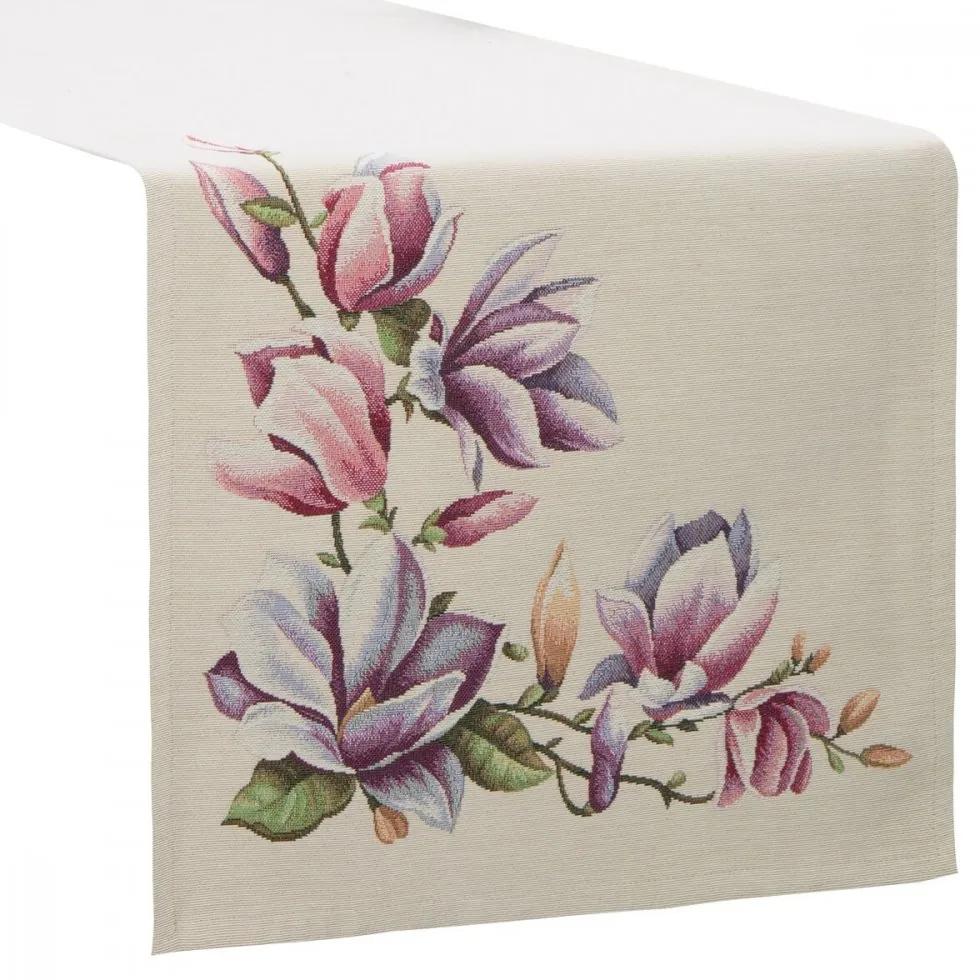 Traversa pentru masa bej tapițerie cu model magnolie fin țesută Lățime: 45 cm | Lungime: 140 cm