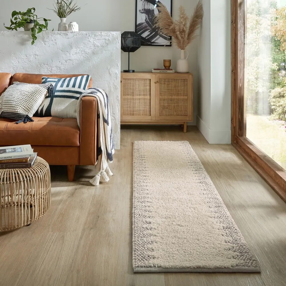 Covor tip traversă crem țesut manual din amestesc de lână 60x230 cm Minerals Border – Flair Rugs