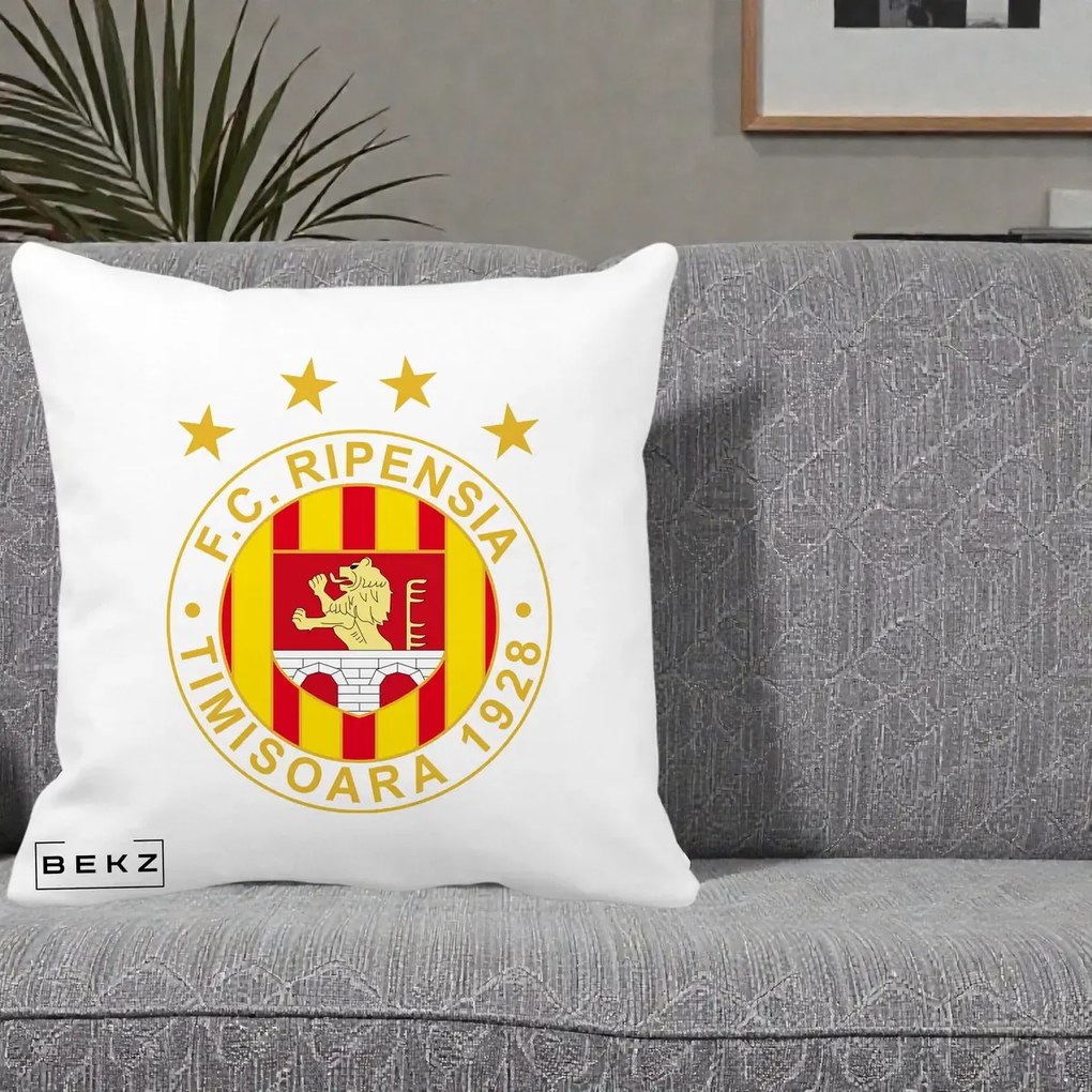 Perna Personalizata FC Ripensia Timisoara 1928, 40x40 cm, Alba Mata, Husa Detasabila, Perna Inclusa, BEKZ®