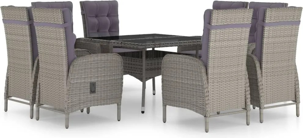 vidaXL Set mobilier grădină, 9 piese, gri, poliratan și sticlă