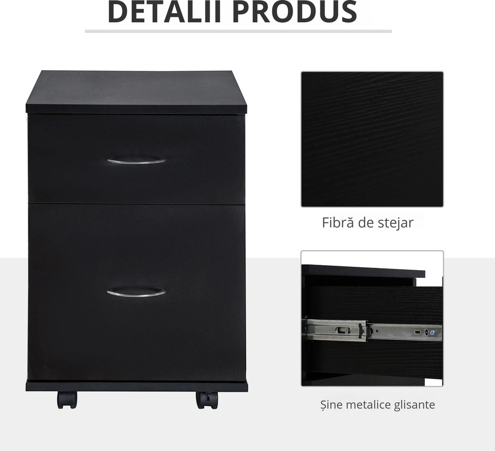 HOMCOM Comodă Mobilă pentru Birou, Design Modern pe Roți, din Lemn, 41x39x58cm, Negru | Aosom Romania