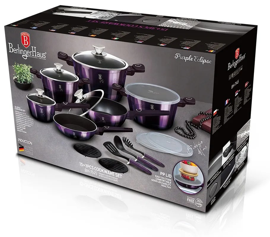 Set oale si tigai cu capace 18 piese Purple Eclipse Berlinger Haus BH 7145, antiaderente, strat titan, mov