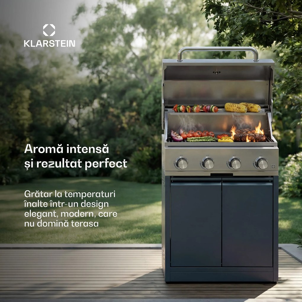 Klarstein WaldChef Outdoor Bucătărie | Grătar pe gaz | 4 arzătoare | 30 mbar | 12800 W | Grătar fontă | Oțel inoxidabil