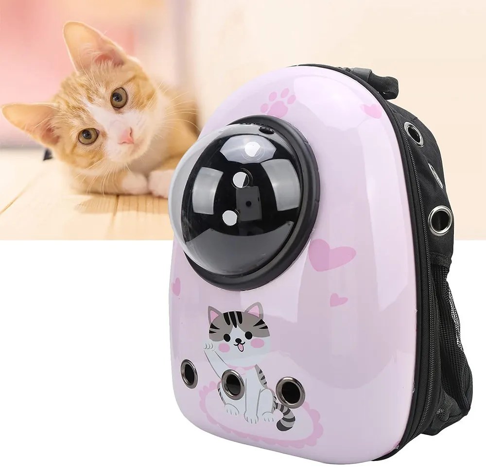 Rucsac pentru transportul animalelor de companie, roz cu model pisicuță