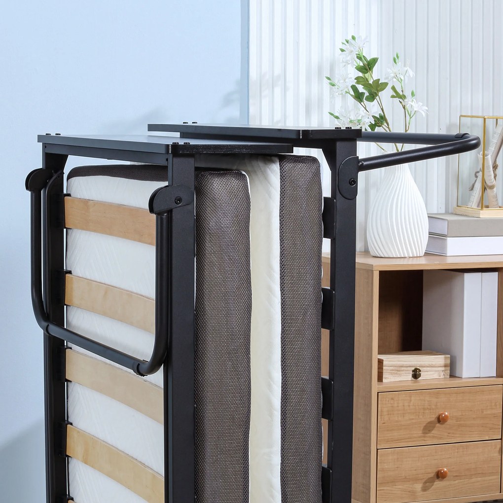 Pat pliant cu saltea de 10 cm inaltime HOMCOM, pentru o persoana cu roti si lamele, 80x200cm, negru | Aosom RO