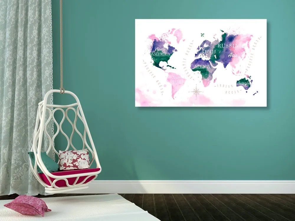 Tablou pe plută harta lumii în design de acuarelă - 90x60 flags