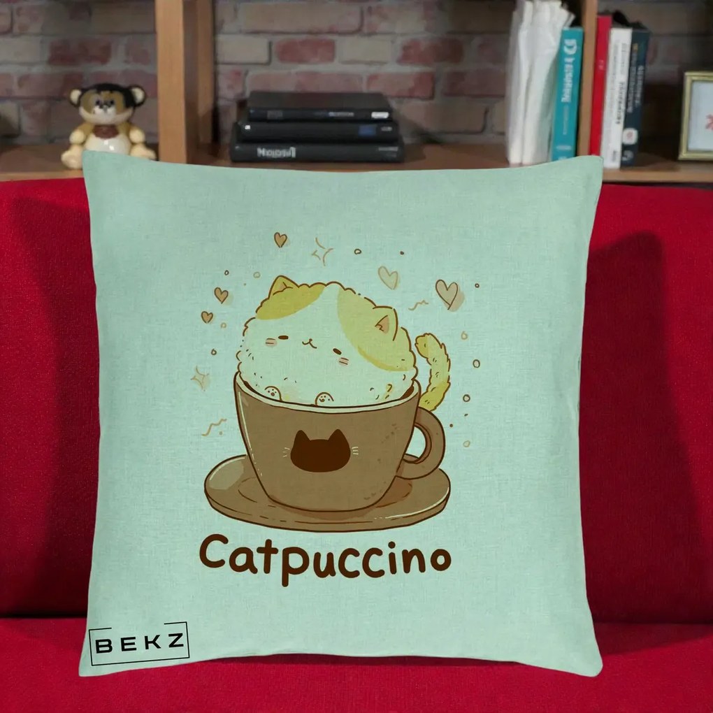 Perna Decorativa Catpuccino Pisica Cappuccino, 40x40 cm, Verde Menta, Husa Detasabila, Perna Inclusa, BEKZ®